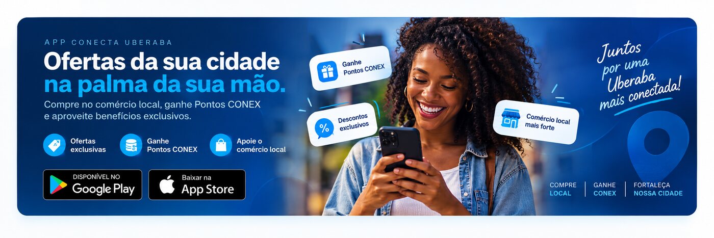 App Conecta Uberaba: ofertas da sua cidade na palma da sua mão. Compre no comércio local, ganhe Pontos CONEX e aproveite benefícios exclusivos. Disponível no Google Play e na App Store.